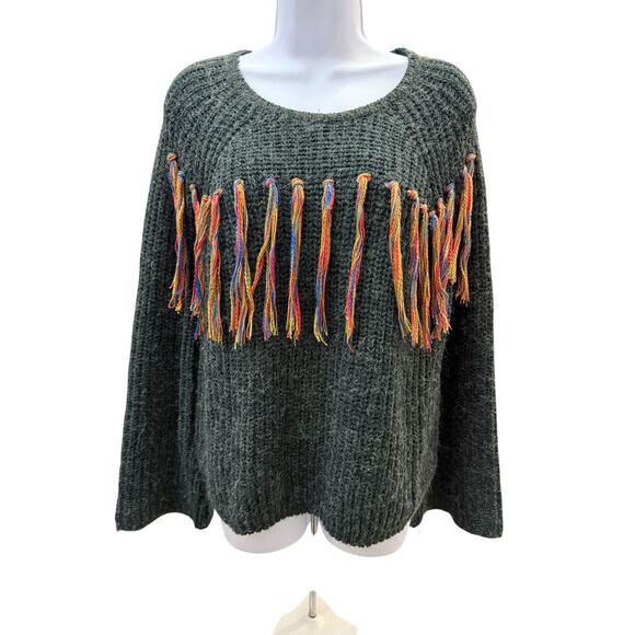 idol mind Sweaters - Idol Mind Gray Colorful Fringe Long Sleeve Aztek Western Boho Sweater Womens M